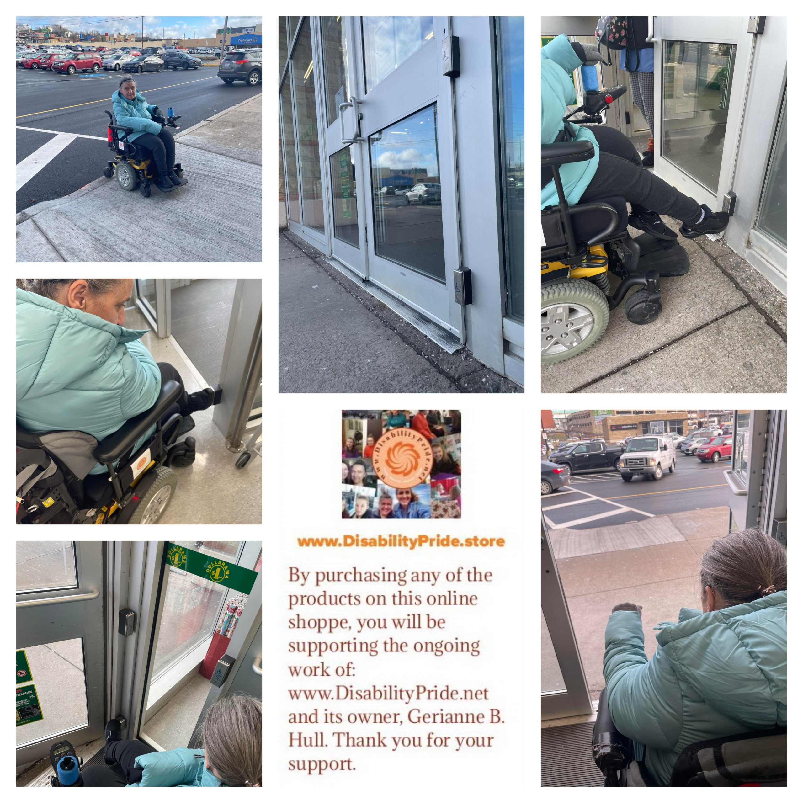 Collage of Gerianne using the foot buttons to operate the door opener at a local Dollarama